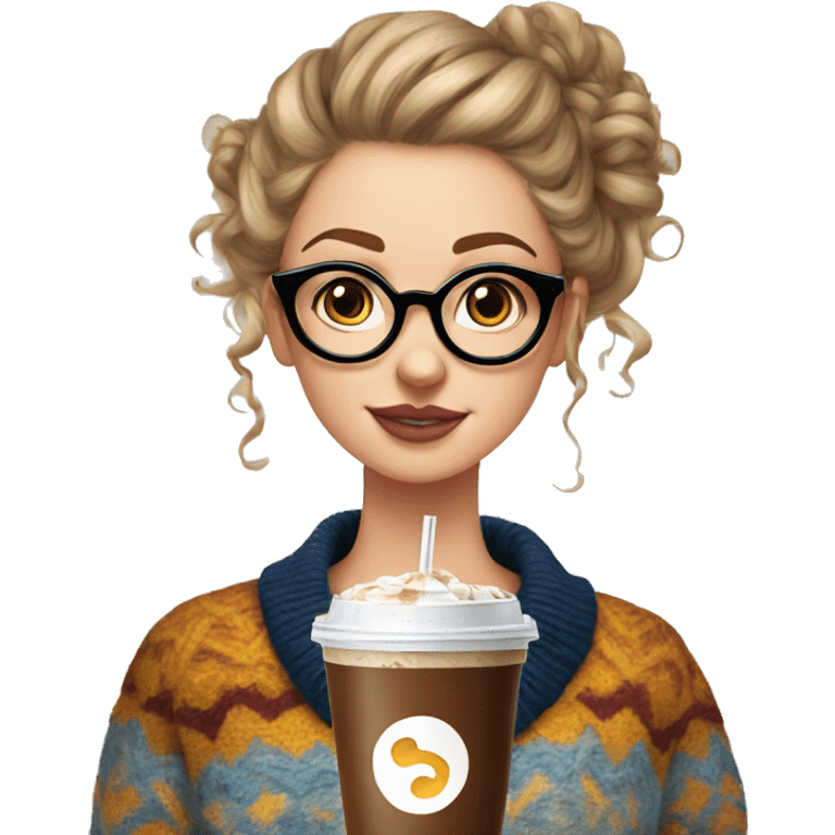 A white girl with circle glasses and a curly messy bun in an oversized and patterned sweater with an iced coffee emoji