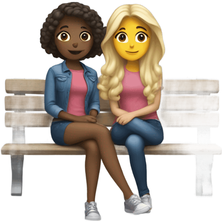 Hispanic girl and blonde sitting on bench  emoji