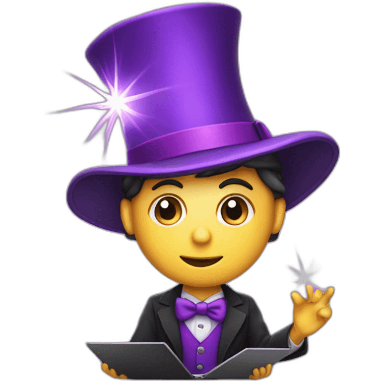 magician with a purple pointy magic hat with a star working on a macbook emoji