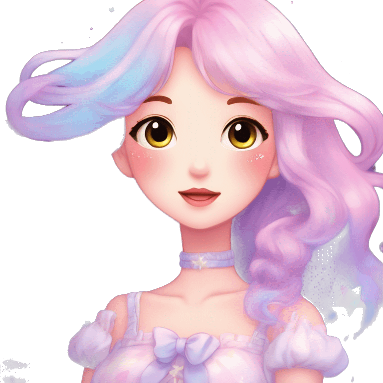 Gorgeous pastel anime style lady blushing nebula gradient sparkle face dreamy idol model colorful shiny stars galaxy kawaii cottagecore pearly petite simplistic aesthetic trending style emoji