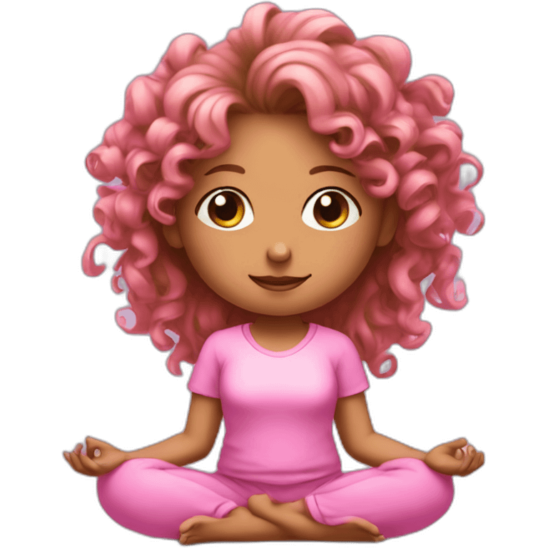 curly pony tail girl doing meditation wearing pink emoji