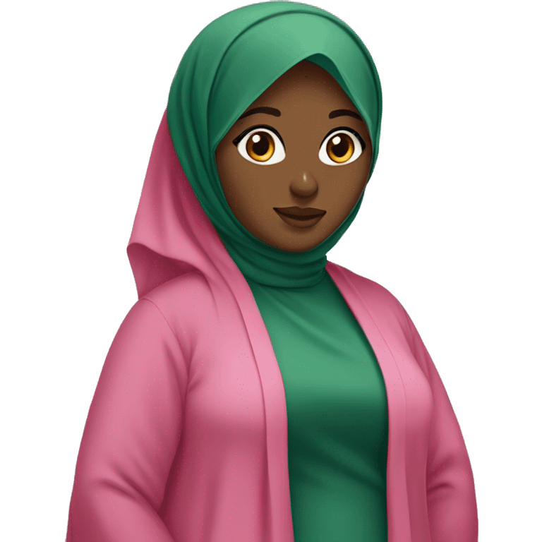 Black chubby Hijabi in pink abaya and green hijab standing emoji