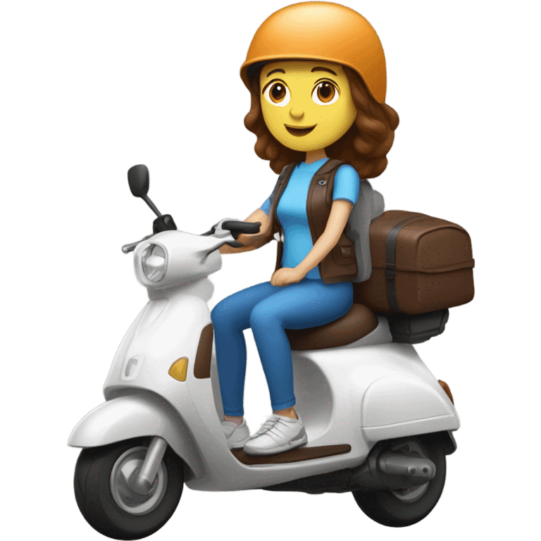 White women with Blue eyes and chocolate hair on a scooter in a helmet and summer clothes emoji