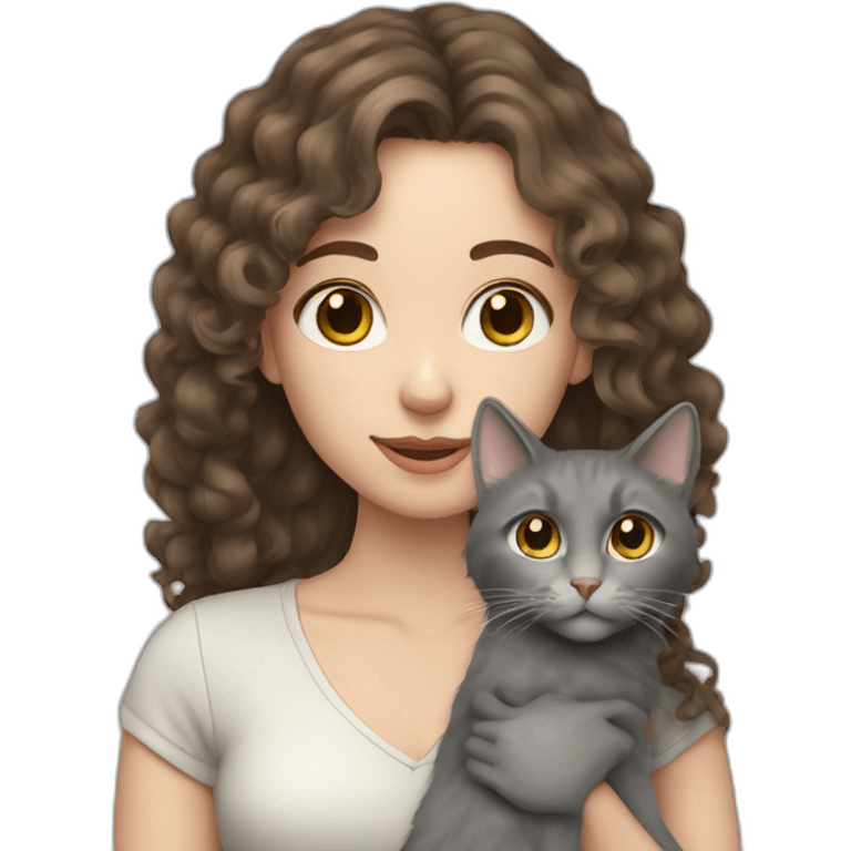 Young brunette pale woman with long curly hair holding a grey cat emoji