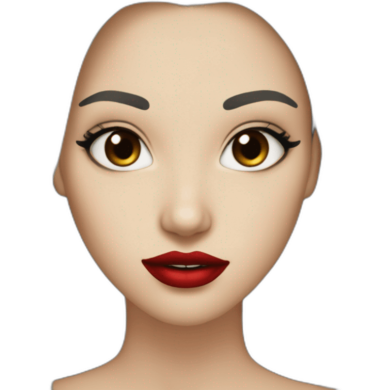 straight long dark brown hair,red lipstick,black eyes, white skin and a small nose emoji