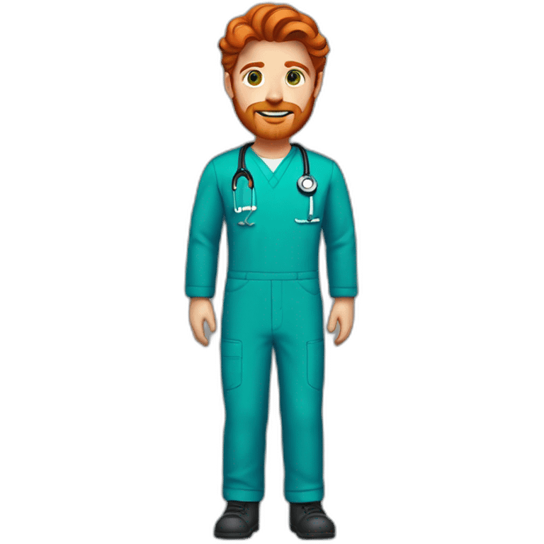 Red headed male with medium waves hair, green eyes, red beard and mustache, wearing blue scrubs emoji