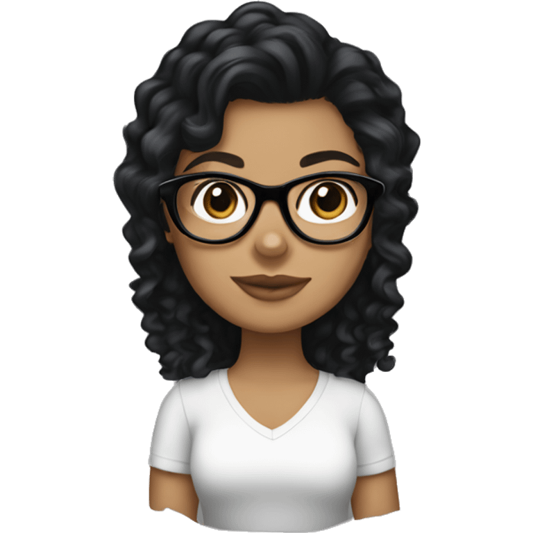 A White girl with curly medium length black hair and glasses holding a Yorkie  emoji