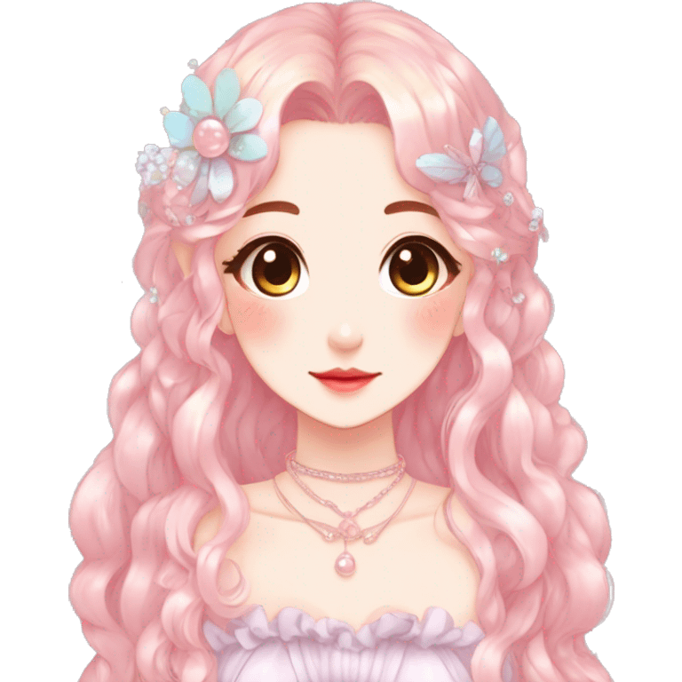 Gorgeous anime style lady with blushing face and accessories cottagecore fairycore Kawaii anime colorful pearly romantic aesthetic trending style emoji