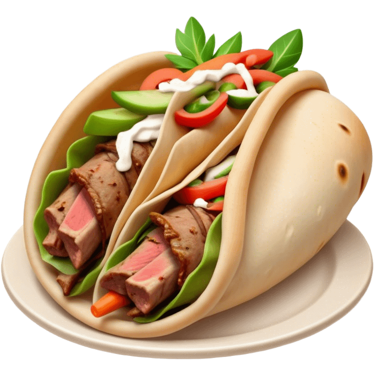 Cinematic Realistic Gyros Dish Emoji, showcasing succulent, spiced meat wrapped in pita with fresh vegetables rendered with lifelike detail and dynamic, appetizing lighting. emoji