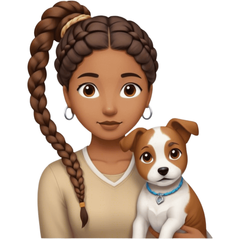 sort, 30 year old, brown girl, back braid hairstyle, with a white brown dog emoji