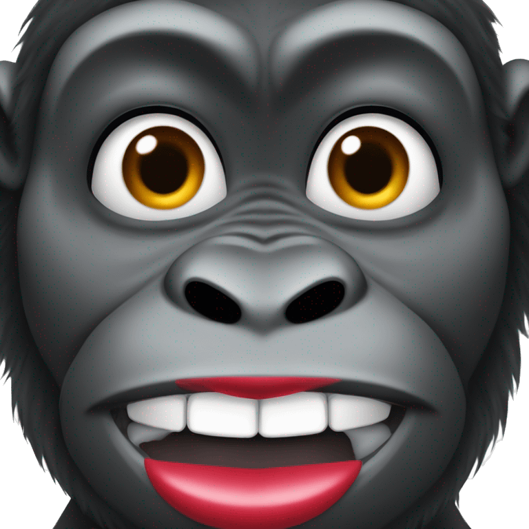 Gorilla with very long eyelashes and very big red lips hold lipgloss next to its head emoji