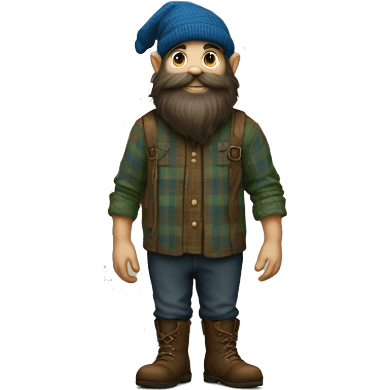 Full-length, dark-bearded, young gnome with a blue woolen hat, brown boots and a green plaid shirt. The body should be cartoonish and not realistic. emoji