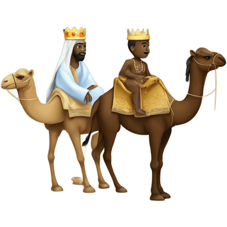 The three kings over camel with gift to the baby jesus one of them black person emoji