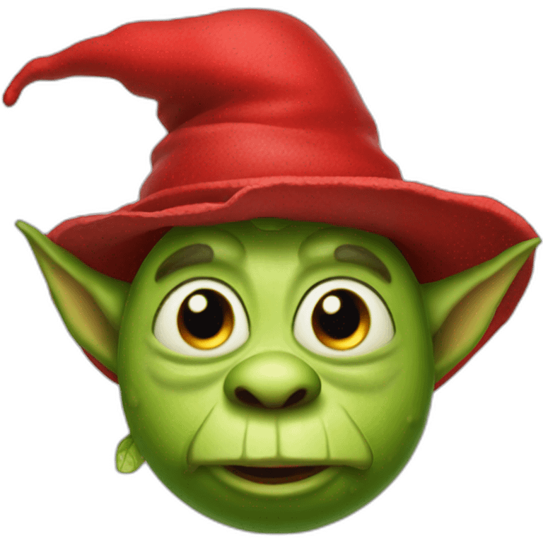 goblin in cucumber hat with red carped emoji