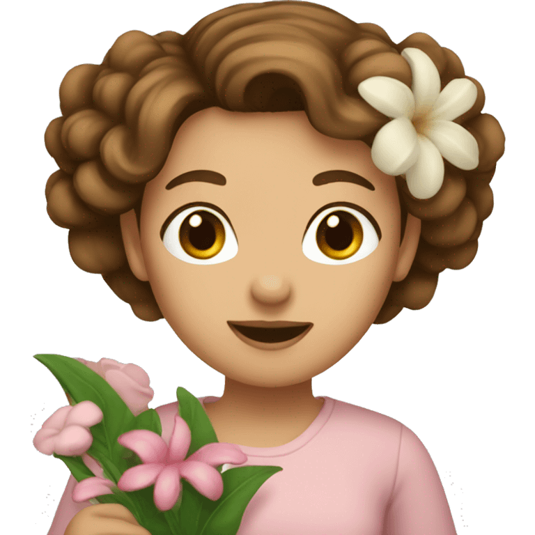 a brown-haired woman holding a flower frame emoji