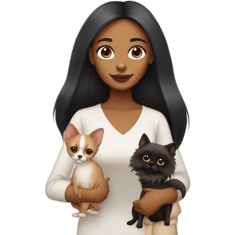 Latino woman with black staight hair and brown eyes is holding a grey sphinx cat and a ginger Pomeranian dog emoji