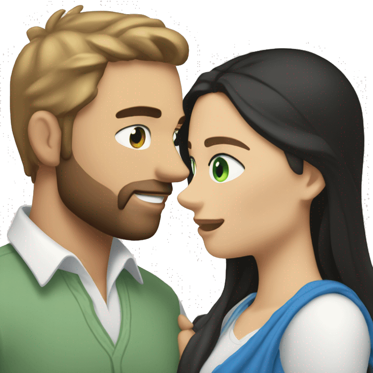 White man BROWN beard and blue eyes and BROWN hair hugging white woman with long straight black hair and green eyes emoji