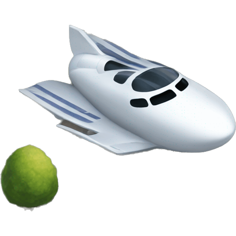 flying vehicle flying toward two large narrow buildings  emoji