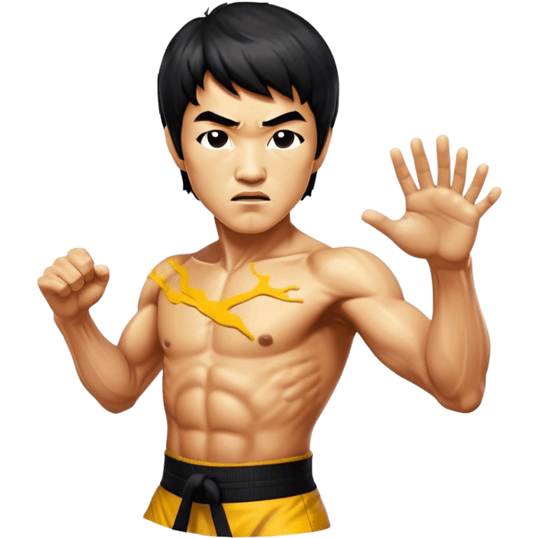 Cinematic Realistic Bruce Lee Portrait Emoji, depicted as a dynamic martial arts icon with an intense gaze and athletic physique caught in a fluid motion, rendered with vivid textures and energetic lighting that embodies his legendary prowess. emoji