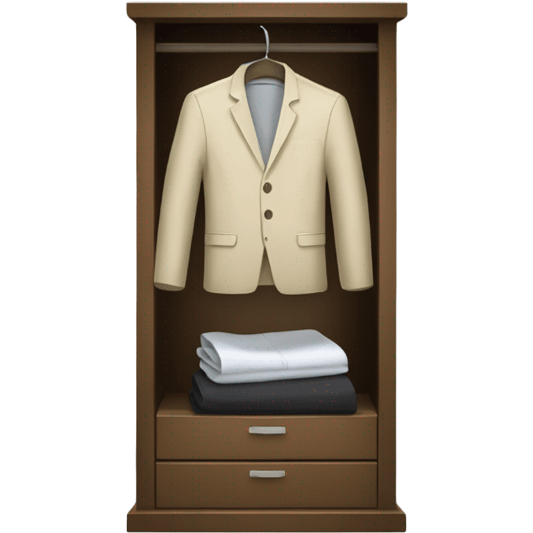 Design an emoji-style icon of an open wardrobe with clothes hanging inside. Include details like a wooden frame, hangers, and only black or white different clothing items such as shirts or any other clothing . Use a clean and minimalistic design. emoji