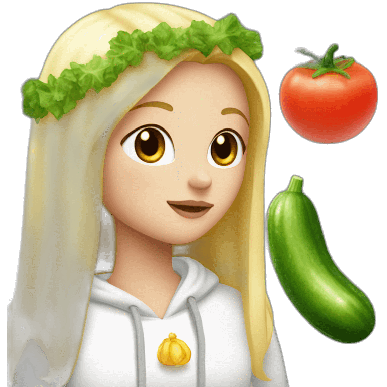 blonde girl  eating  cucumber and tomatoes with white hoodie iridescent and a crown princess emoji