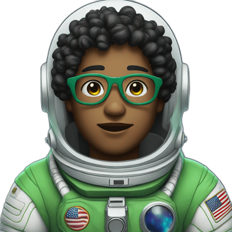 Medium tone skin Boy with black short curly hear and beard and glasses wearing a green and white astronaut suit emoji