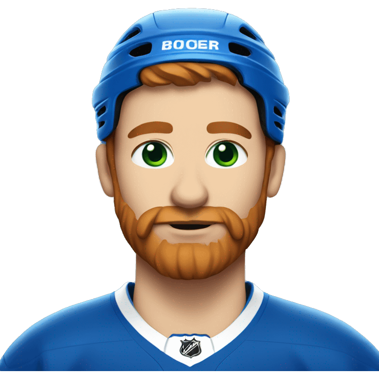 hockey player wearing blue helmet, with green eyes and red beard emoji