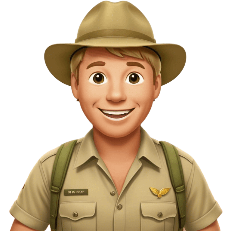 Cinematic Realistic Steve Irwin Portrait Emoji, depicted as a passionate wildlife expert in his signature khaki attire with an enthusiastic smile and a backdrop of the Australian outback, rendered with vibrant textures and dynamic natural lighting that captures his adventurous spirit. emoji