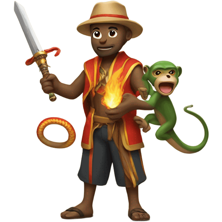 man with a monkey breathing fire and a pet snake using a sword emoji