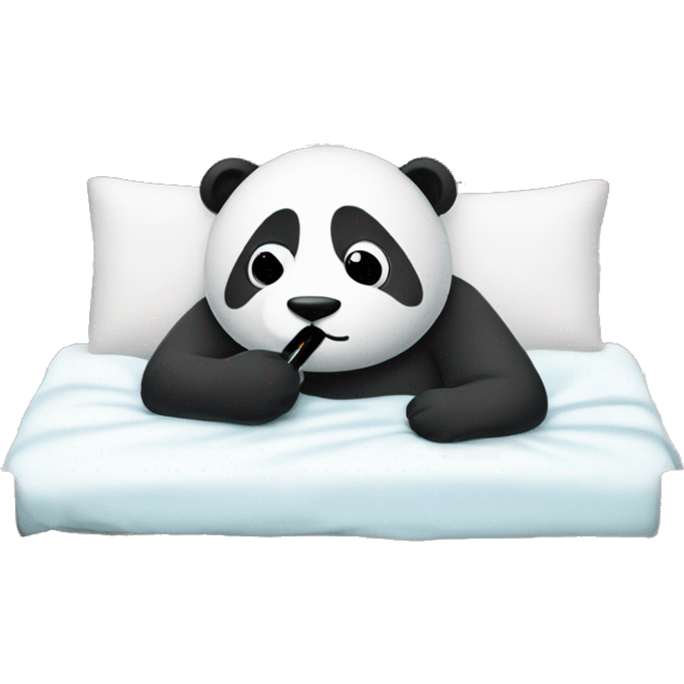 Sad Panda with fever Thermometer in mouth laying in bed emoji