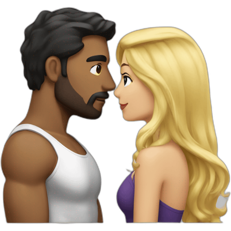 Dark hair strong man kissing a beautiful blond hair woman emoji