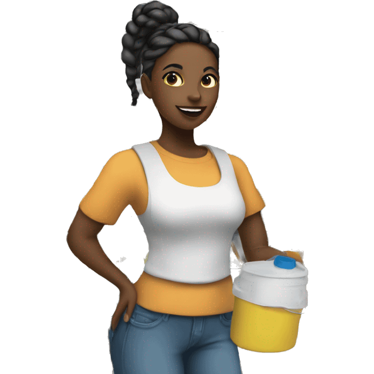 A thin black girl with braids in a ponytail standing cleaning supplies emoji