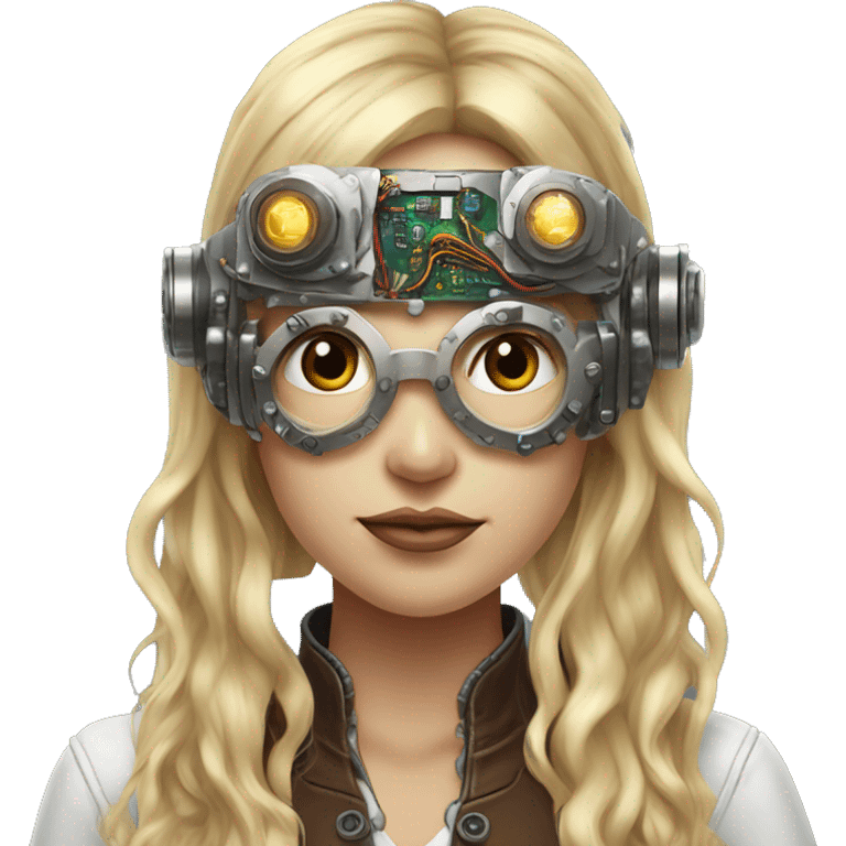 Brown long hair with blonde steaks female cyborg head, fair skin, steampunk goggles and circuits emoji