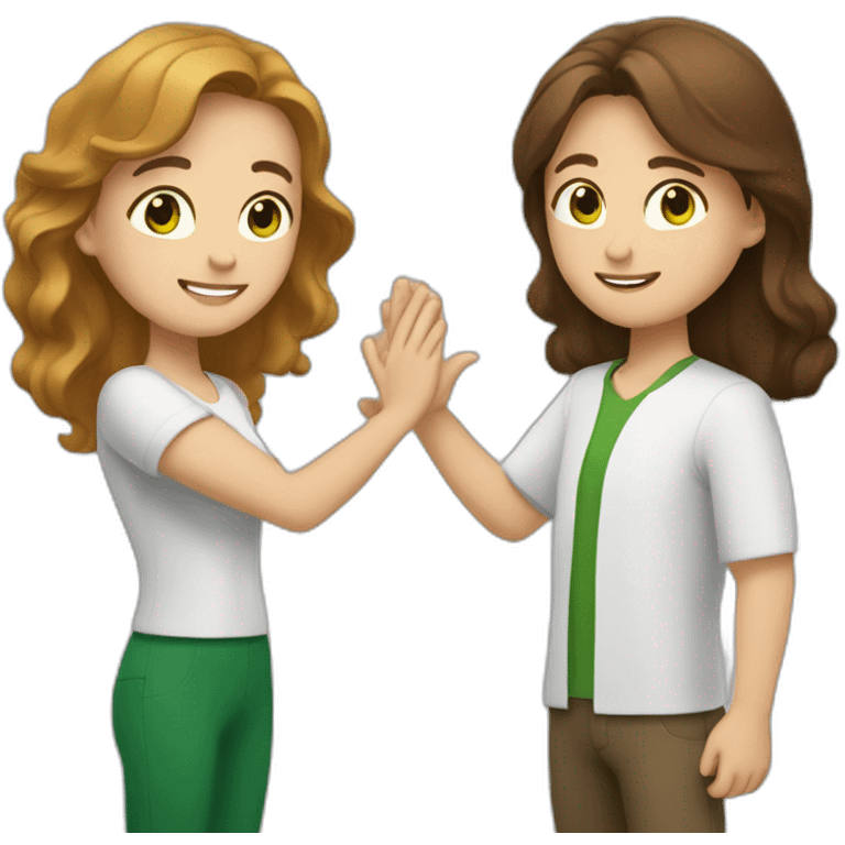 white man with brown hair and green eyes high-fiving a white woman with medium long brown hair and brown eyes emoji