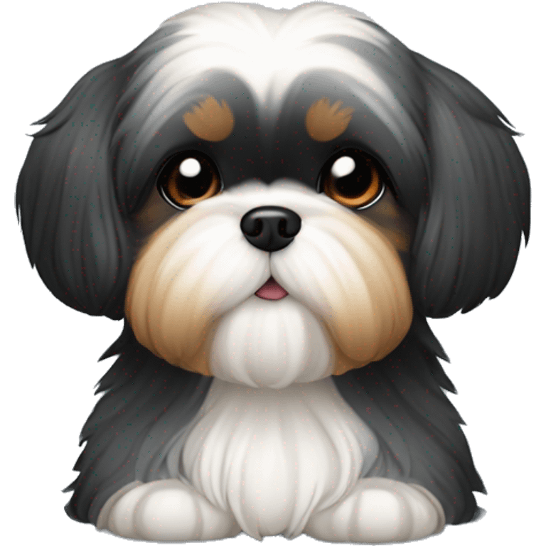 Shih tzu black puppy, yorkie coloring with light colored eyebrows. Round face, short ears. Looks like teddy bear  emoji