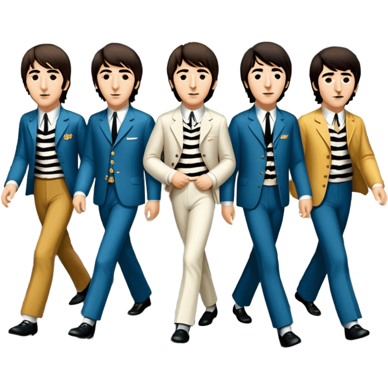 Cinematic Realistic The Beatles Abbey Road Scene Emoji, depicting the legendary band of four crossing the iconic zebra-striped street in their classic outfits, exuding effortless charisma and musical legacy. The scene is bathed in warm, nostalgic lighting with rich textures that capture the essence of 1960s rock history. emoji