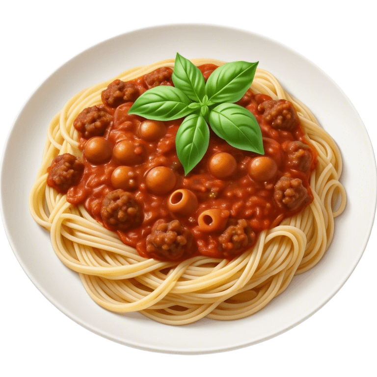 Spaghetti Bolognese on a plate, already mixed together, nice basil on top emoji