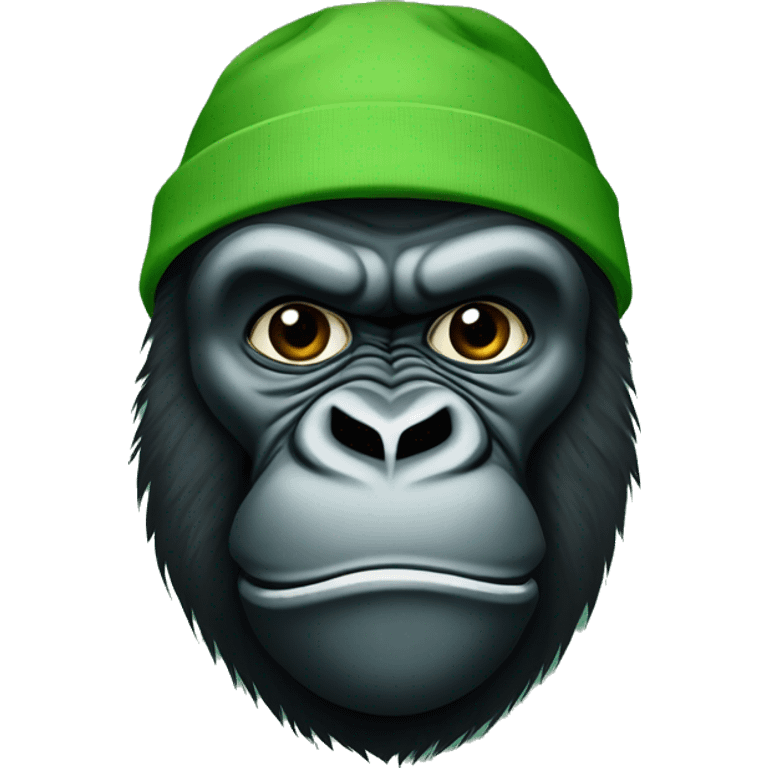 Create an emoji of a gorilla’s face with a determined and fierce expression. Use different shades of green for the entire design, matching the green color palette . The design should be bold and eye-catching emoji