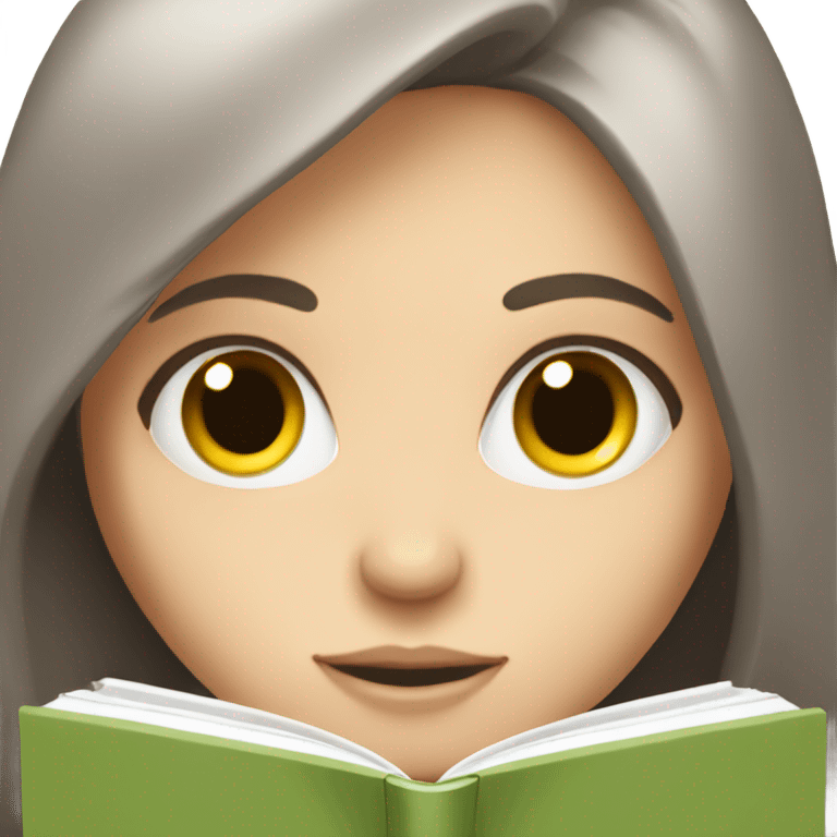 White girl with long brown hair and grey eyes reading a book emoji