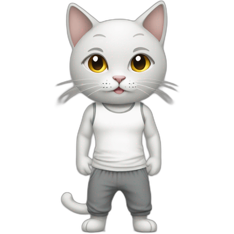 cat wearing a white tank top with grey sweat pants emoji