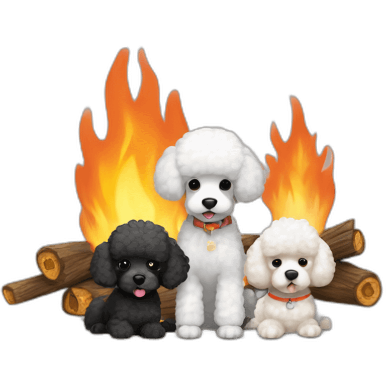 Two Black and one white poodle gathered around campfires emoji