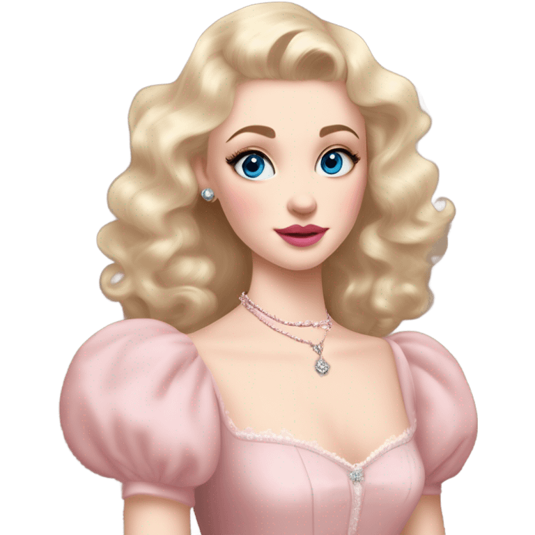 girl blonde hair pale skin blue eyes. Pink lips blush Smokey eye (but not too much). Vintage blowout with long hair not too curly.  light pink princess dress, puffed sleeves, dainty choker necklace (think Versailles but not too much). Striking beauty emoji