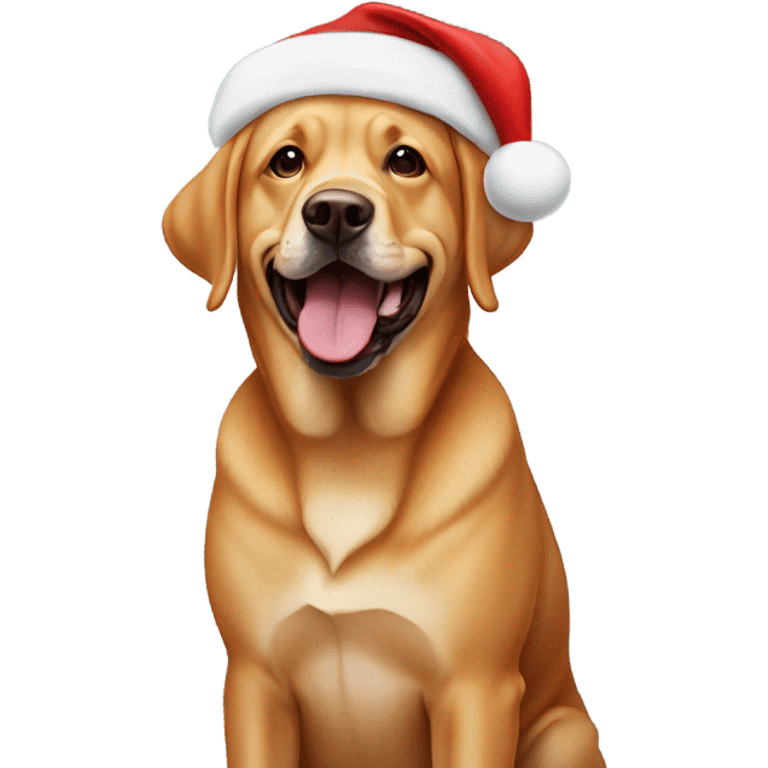 Red English lab wearing a Santa hat with it’s tongue out emoji