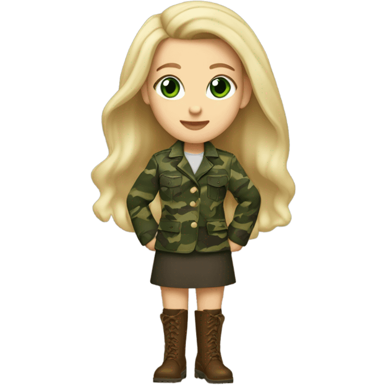 White girl with Long blonde hair and green eyes, camouflage Wool oversize blazer, mini skirt and Brown leather boots  emoji