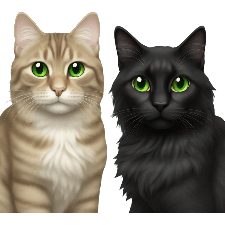 a long haired dark colored tabby cat and black cat with green eyes emoji