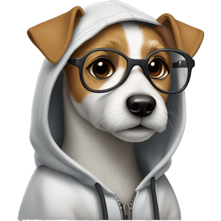 Russel terrier wearing a hoodie and glasses emoji