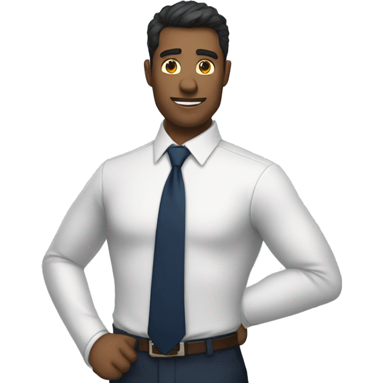 A modern man white shirt and  navy blue tie showing one finger  emoji