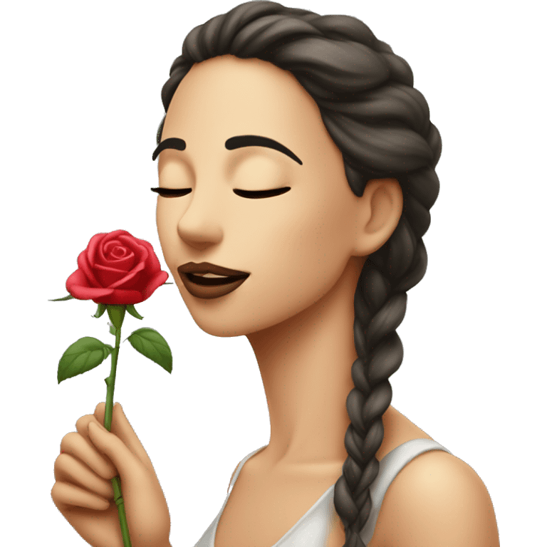 Beautiful woman, smelling one long STEM, rose emoji