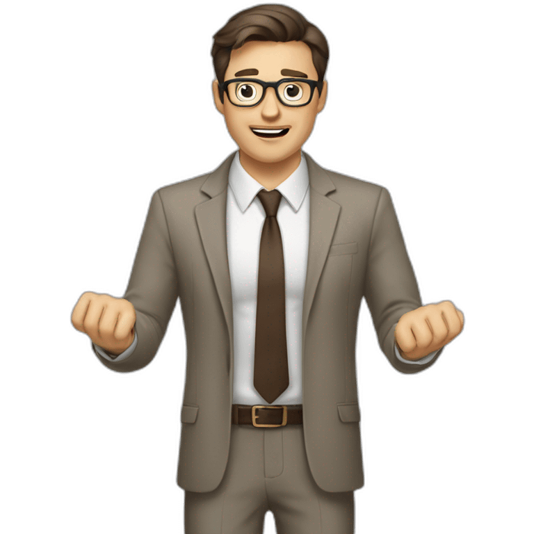 To belt Actively gesturing with hands Pale skinned fit man with dark brown hair in gray jacket, beige office shirt, brown tie, brown pants and vintage glasses. emoji