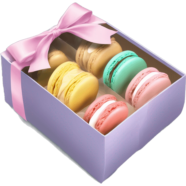 Realistic flat transparent clear take away food box with pastel macaron cookies inside the box with ribbon bow tied around the box. emoji